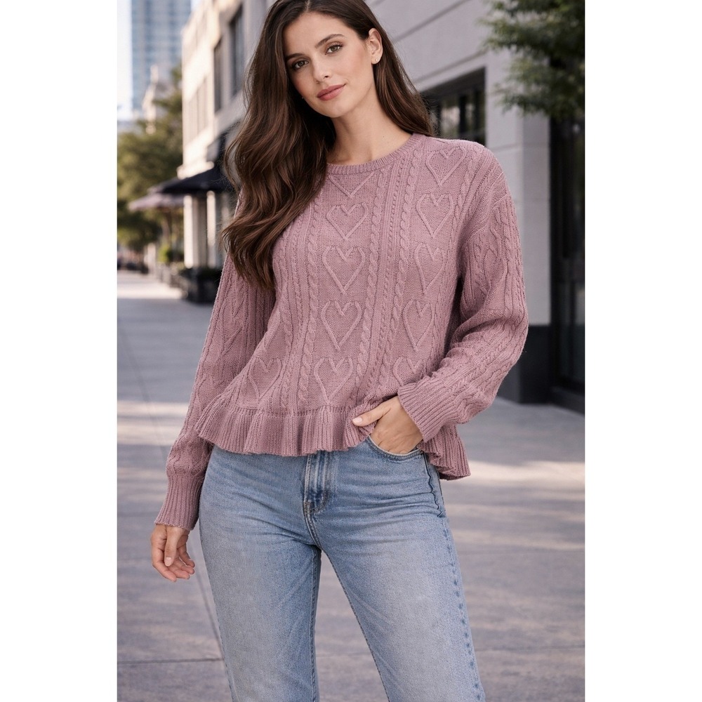 Andree by Unit Sweater Womens Small Pink Heart Cable Knit Peplum Ruffle Coquette